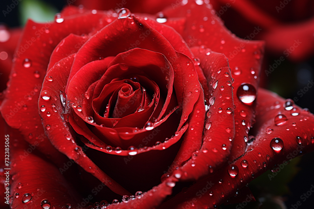 Naklejka premium water droplets on red rose bloom beautiful shape natural.