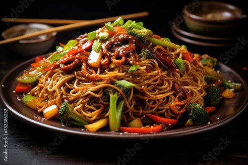 Colorful Noodles stir fry. Cuisine dish plate. Generate Ai