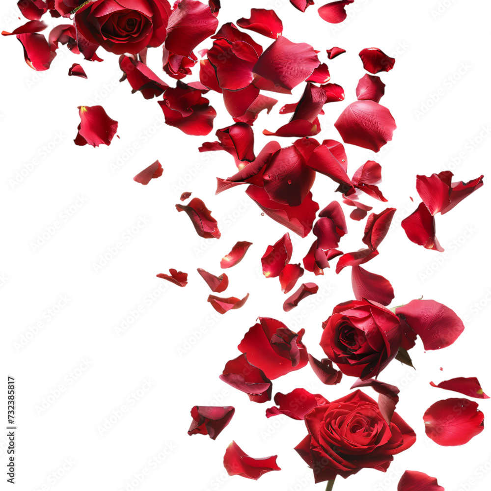 Fototapeta premium Red rose petals fall Isolated on a transparent background with copyspace