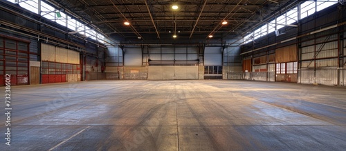 The building is an empty warehouse made of wood with a hardwood floor and numerous windows.