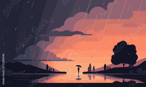 rain and people with umbrellas vector illustration
