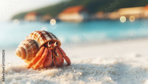 Hermit crab on the beach with a bokeh background