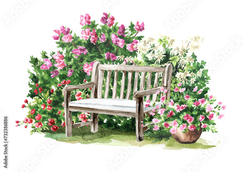 Garden bench among ornamental shrubs and flowers. Landscape design. Hand drawn watercolor illustration,  isolated  on white background