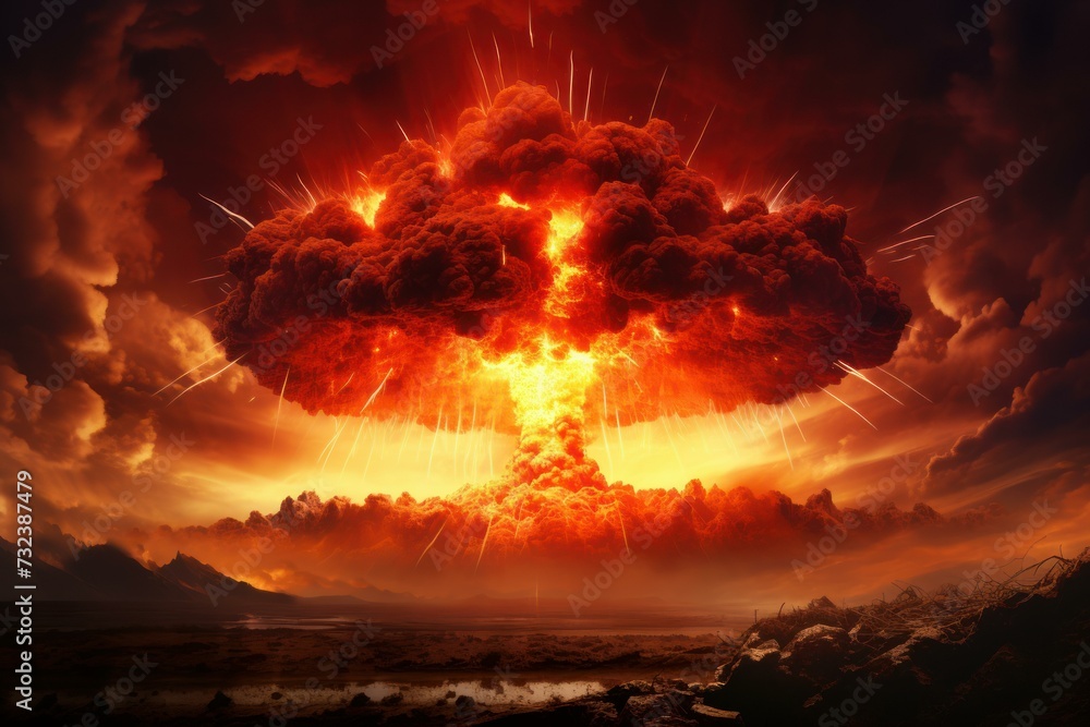 Devastating Nuclear explosion dramatic. Military fire. Generate Ai