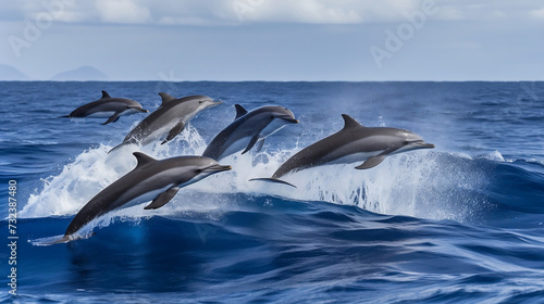 AI generated illustration of A group of dolphins jumping and playing in the turquoise ocean