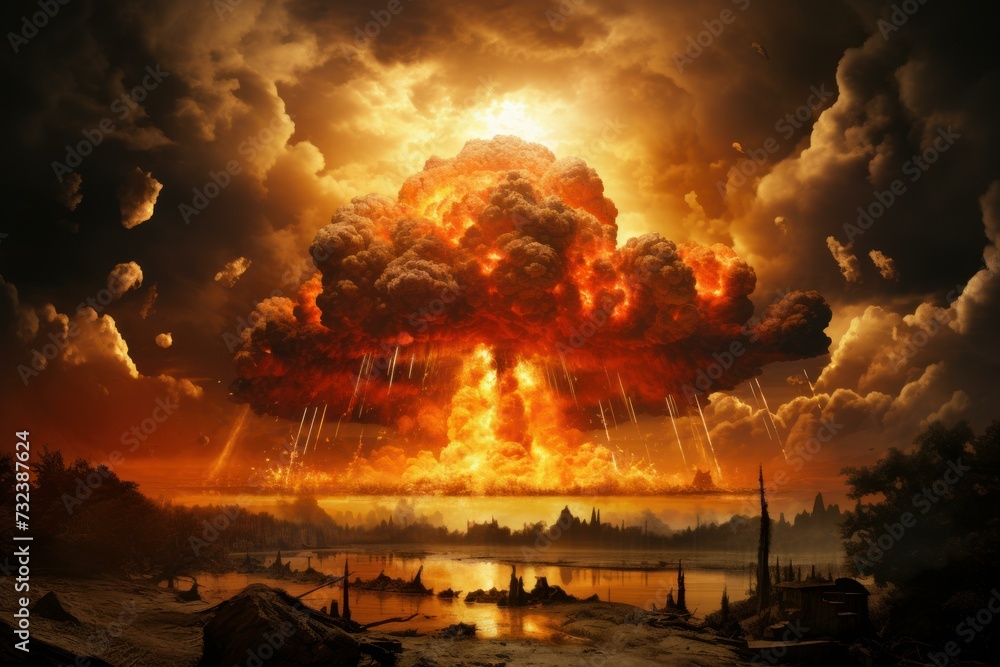 Catastrophic Nuclear explosion dramatic. Military fire. Generate Ai