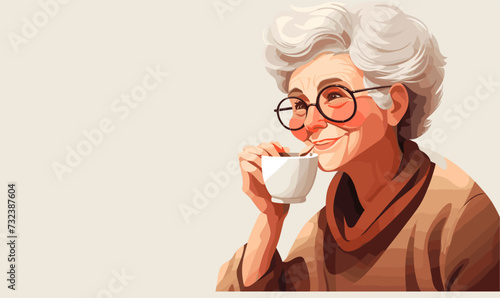 granny drinking a cup of coffee vector illustration