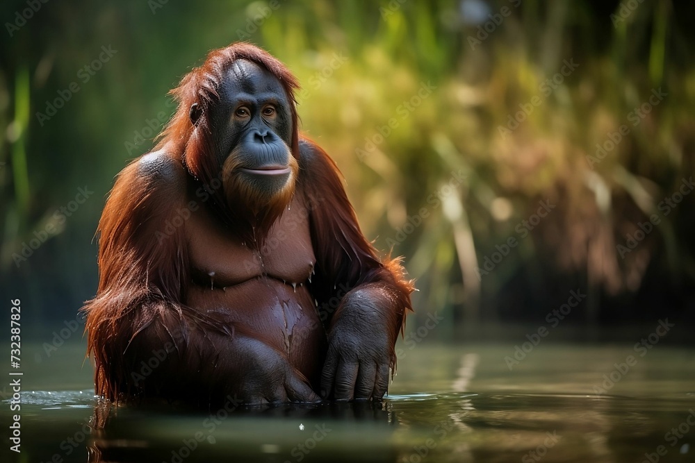 AI generated illustration of an orangutan sitting in the pond on the background of green foliage