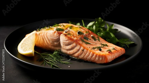 AI generated illustration of grilled salmon fillet, seasoned with lemon and herbs