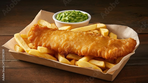 AI generated illustration of fish and fries with mushy peas
