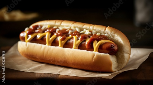 AI generated illustration of a hotdog with ketchup, mustard and caramelised onions photo