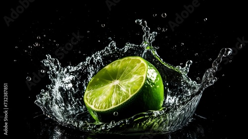 AI generated illustration of a vibrant green lime splashing into a water against a dark background
