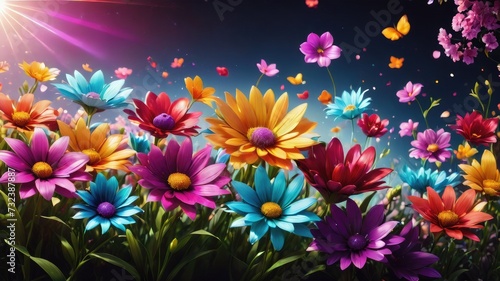 Flowers in the garden, Flowers on a black background, colorful flowers,s and a lens flare, colorful flower background,  © Tilak