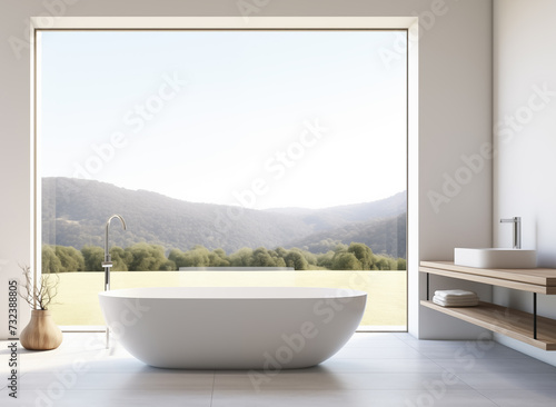 elegant and luxurious bathroom with simple and minimalist lines, with a large window with a beautiful landscape © Gesfera Images