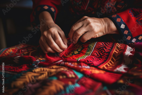 Artisan hands meticulously crafting traditional ethnic textiles. Handmade art and craft.