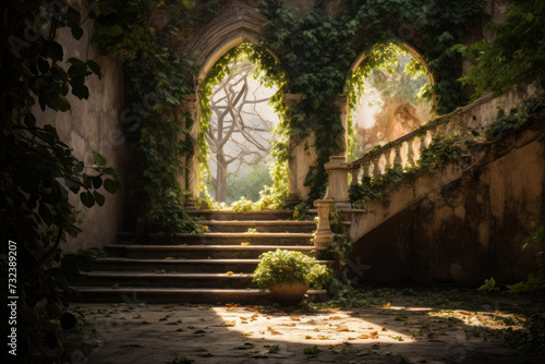 Sunlight filters through old  ivy-clad staircase in serene garden. Mystical and peaceful scene.