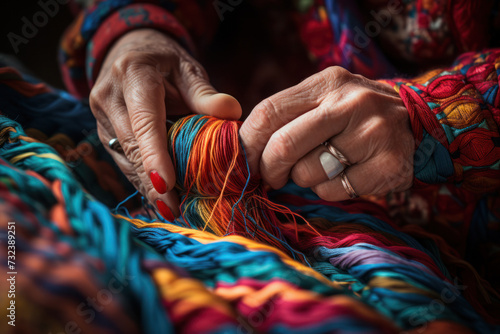 Artisan hands crafting with colorful threads. Traditional craftsmanship.