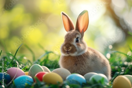 Happy Easter Eggs Basket adventure. Bunny in flower easter carrots decoration Garden. Cute hare 3d gentle easter rabbit spring illustration. Holy week sage card wallpaper easter hellebore © Leo