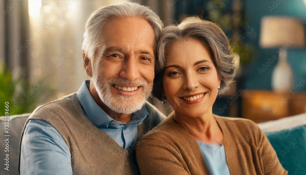 elderly couple feeling happy smiling and looking to camera while relax in living room at home