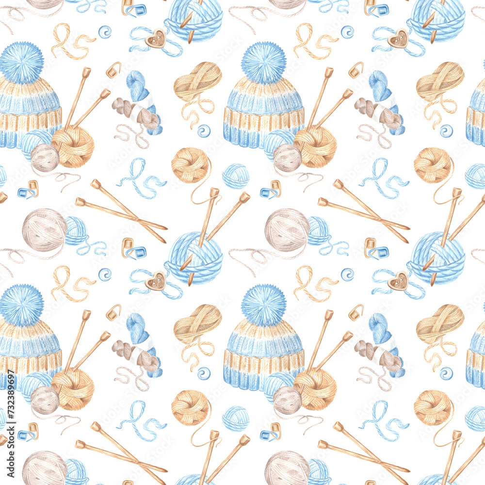 Seamless pattern of balls and skeins of wool, knitting needles and hat on white background. Watercolor backdrop of needlecraft. Template hand drawn illustration for textile, wrapping, knitter blog.