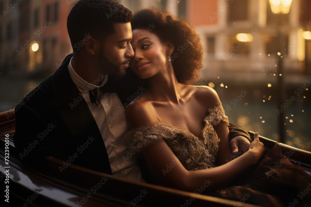 Elegant couple enjoying romantic gondola ride at sunset. Romance and travel. Elegant couple enjoying romantic gondola ride at sunset. Romance and travel.