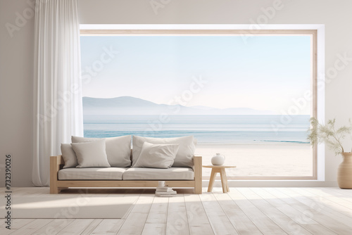 Beautiful design of a minimalist living room, with modern furniture, with a large window with seascape, which gives tranquility and calm. © Gesfera Images
