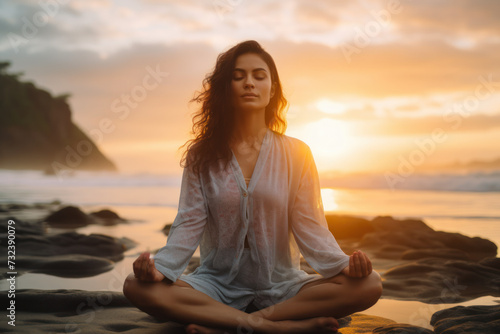 Serene woman meditating on beach at sunset. Mindfulness and relaxation.