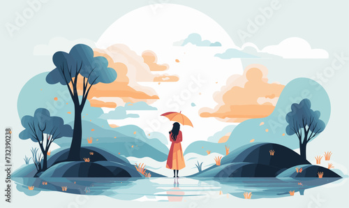 girl with a big umbrella Flat style vector illustration