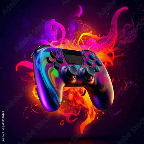 a close up of a video game controller with colorful swirls. generative ai.