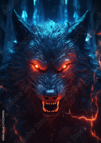 a close up of a wolf with glowing eyes and a glowing face. generative ai.