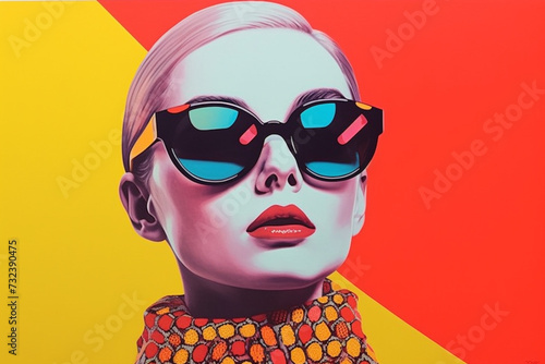 a close up of a woman wearing sunglasses on a colorful background. generative ai.