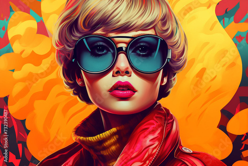 a close up of a woman wearing sunglasses and a red jacket. generative ai.