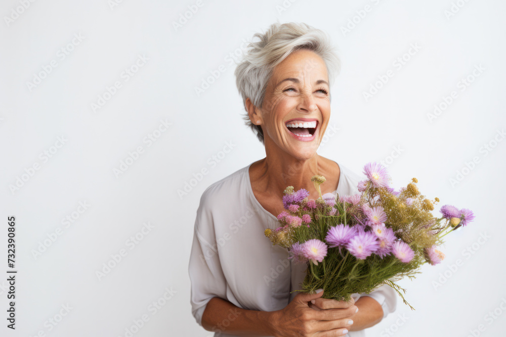 Joyful senior woman holding bouquet of fresh flowers. Happiness and aging gracefully. Joyful senior woman holding bouquet of fresh flowers. Happiness and aging gracefully.