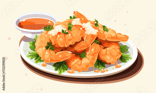 shrimp in a plate flat seal vector illustration