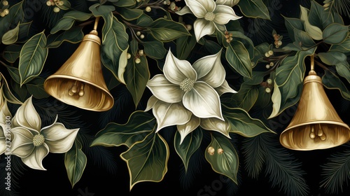 A painting of Golden Bell magnolia flowers with leaves and leaves.