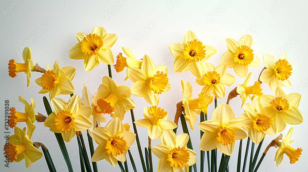 Gorgeous yellow daffodils fill a room with their radiant beauty isolated on a white background