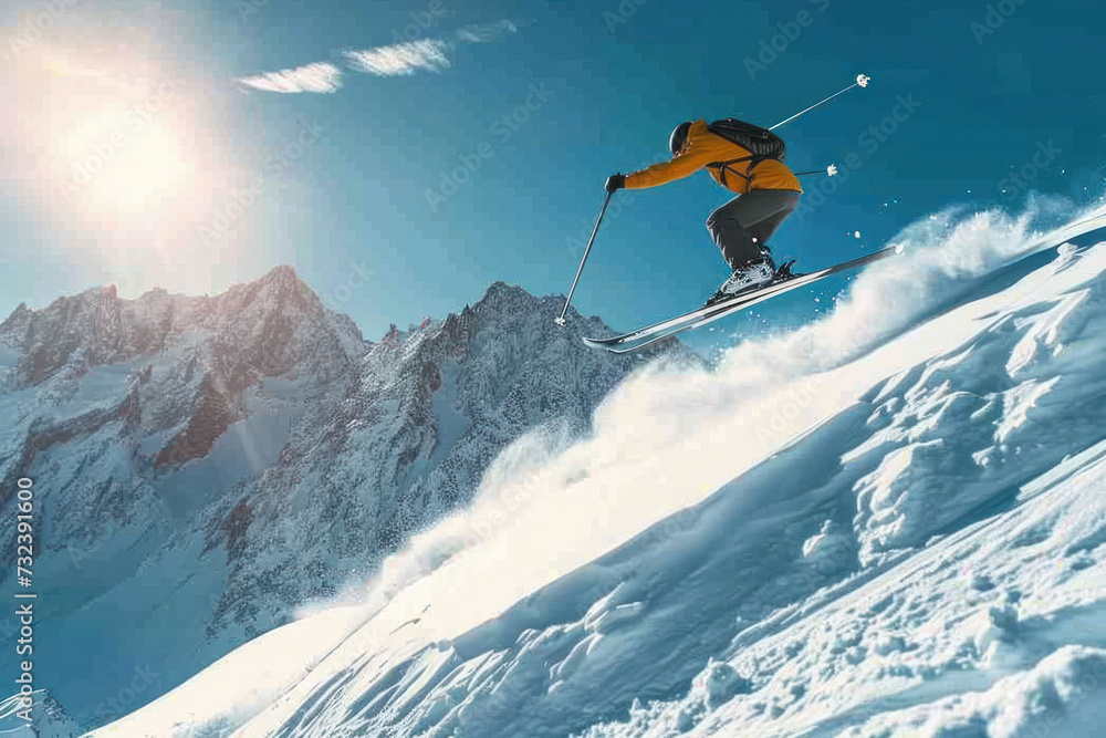 Skier performing jump on snowy mountain slope under blue sky. Winter sports and adventure.