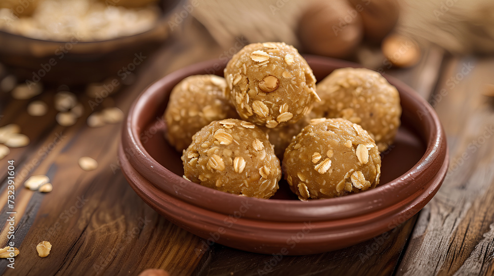 Fototapeta premium Oats laddu or Ladoo also known as Protein Energy balls, served in a plate or bowl