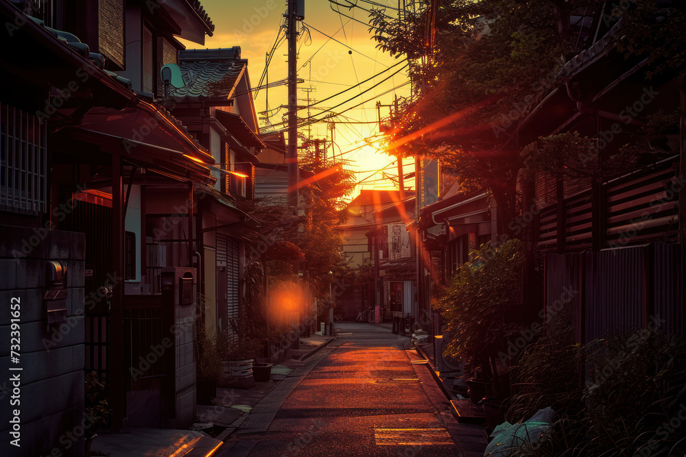 Sunset illuminates peaceful street in traditional neighborhood. Tranquil urban scene.