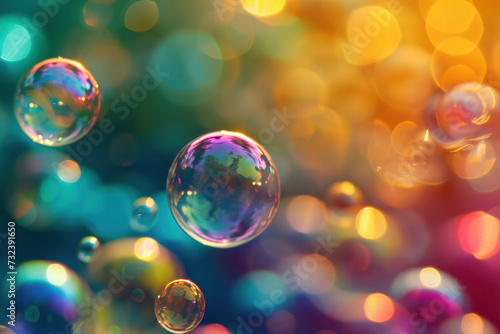 Colorful soap bubbles floating with bokeh lights background. Joy and childhood.