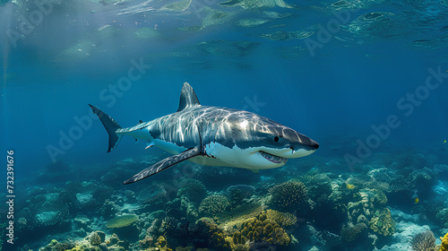 Ocean shark Underwater blue sea waves clear water shark swims forward © mizan