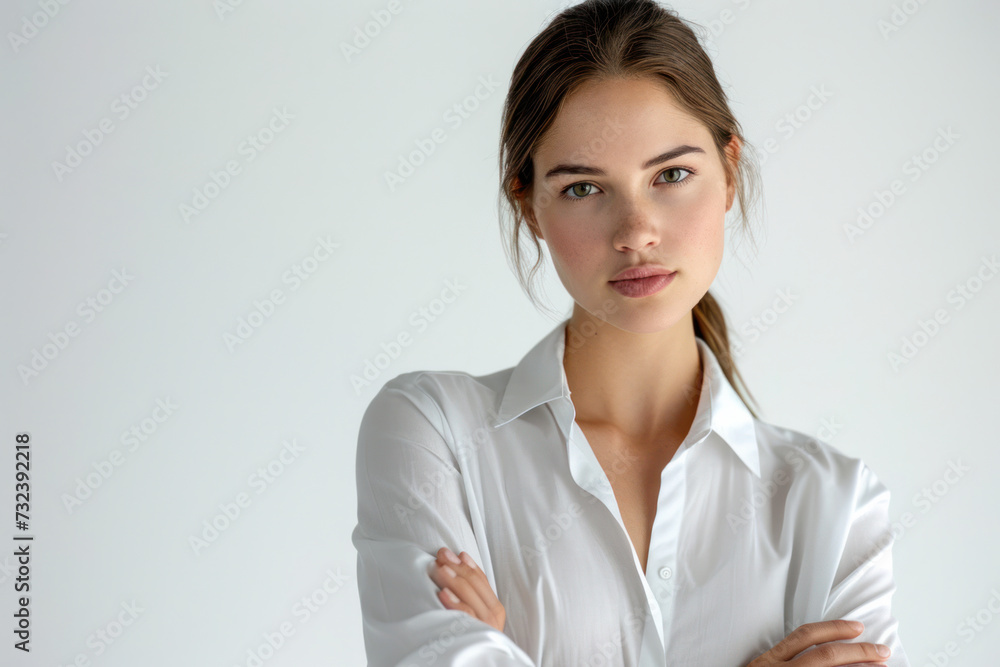 Confident businesswoman in white shirt posing with arms crossed. Professional attire and demeanor. Confident businesswoman in white shirt posing with arms crossed. Professional attire and demeanor.