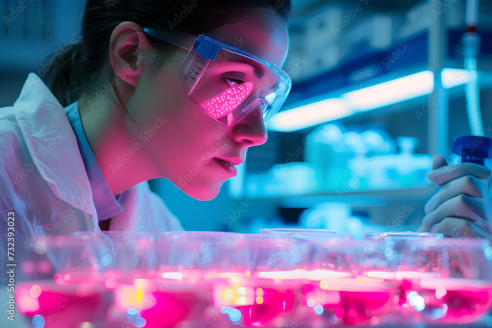 A biotech scientist wearing glasses and gloves check culture medium in ...