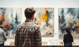 Contemplative Man Viewing Abstract Artwork in Gallery, Engaging with Modern Painting at Art Exhibition, Cultural Appreciation