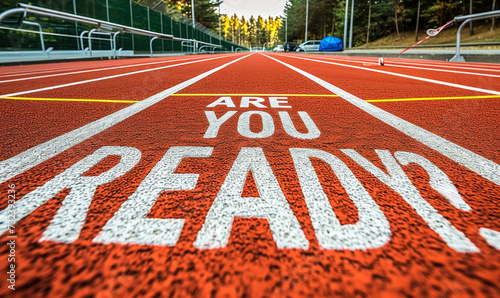 Motivational ARE YOU READY? text emblazoned across a red running track, beckoning athletes to the start line and symbolizing preparation and challenge photo