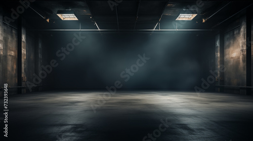 Dark grey gradient background spotlight on empty studio room. Empty dark abstract cement wall and studio room with smoke float up interior texture for display products wall background. © Pakhnyushchyy