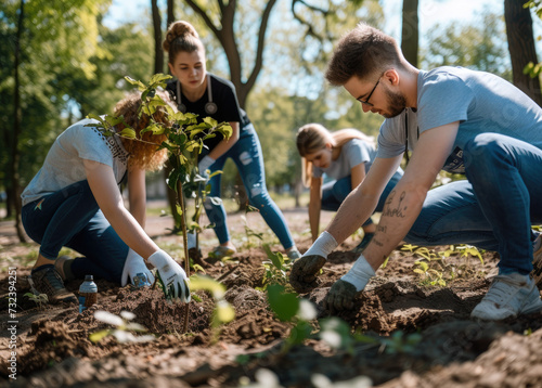 Volunteers are participating in planting trees to protect the environment