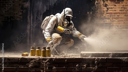 Worker in chemical protection suit decontaminates radiation zone. photo
