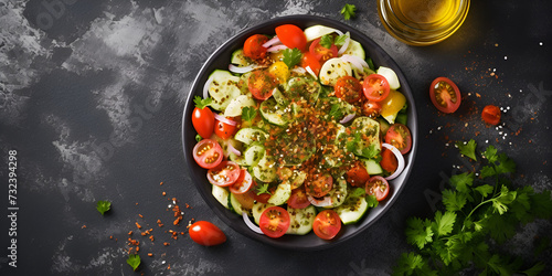 mixed salad with lettuce avocado and smoked salmon Zucchini salad with arugula and cherry tomato.