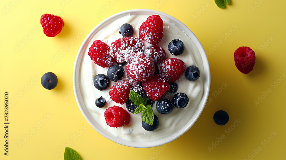 Top view of healthy Greek yogurt in a bowl with fresh berries isolated on a yellow background Top view of healthy Greek yogurt in a bowl with fresh berries isolated on a yellow background